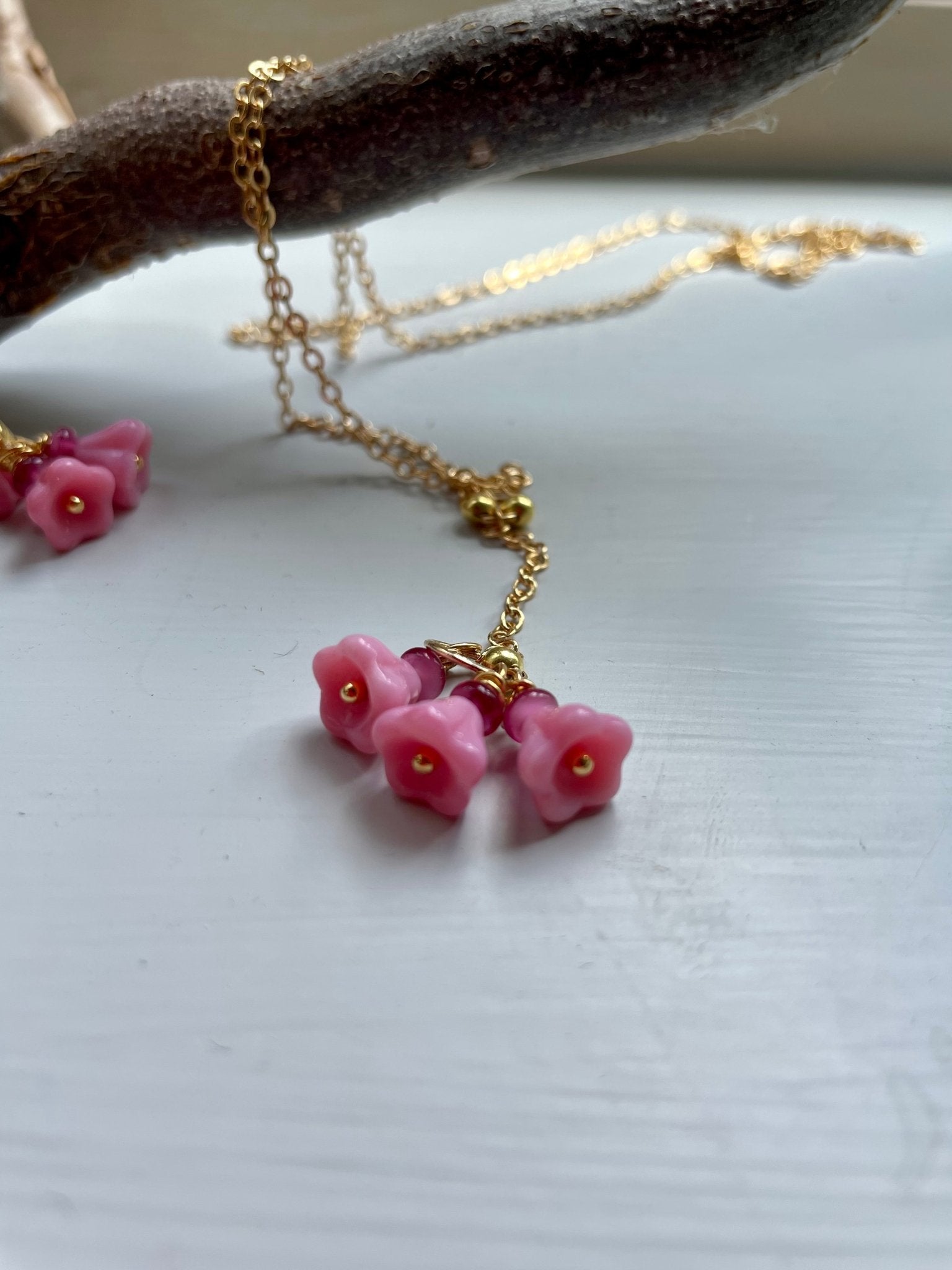 Pink bell gold plated earrings or necklace - Natalia Willmott