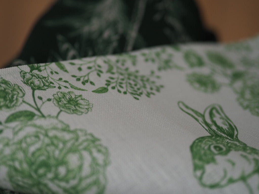 Rabbit and flowers linen green napkin - Natalia Willmott