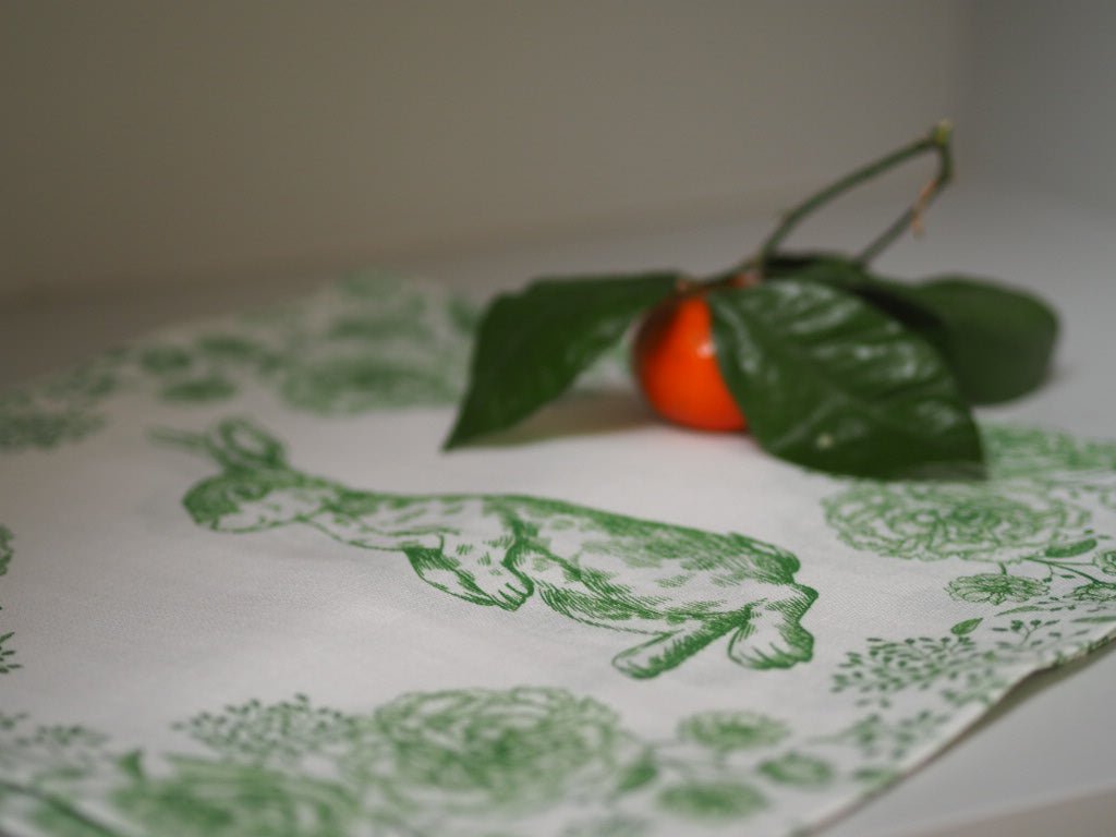 Rabbit and flowers linen green napkin - Natalia Willmott