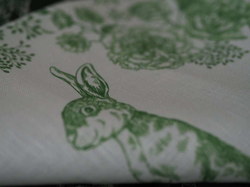 Rabbit and flowers linen green napkin - Natalia Willmott