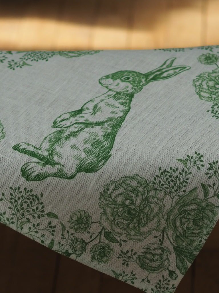 Rabbit and flowers linen green napkin - Natalia Willmott