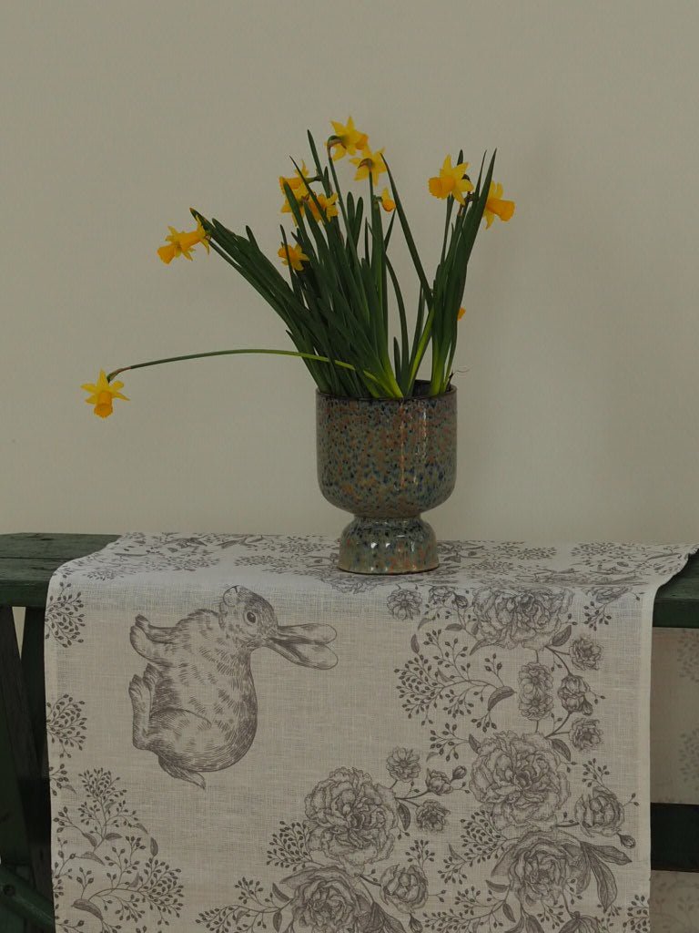 Rabbit and flowers linen grey kitchen table runner - Natalia Willmott