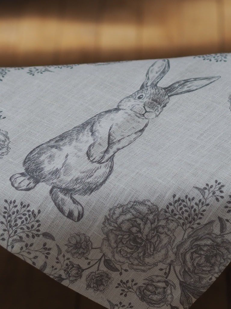 Rabbit and flowers linen grey napkin - Natalia Willmott
