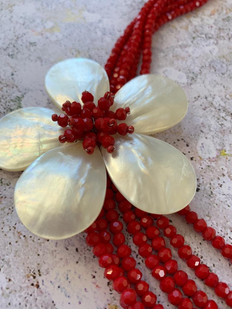 Red beaded multistrand necklace with mother-of-pearl flower - Natalia Willmott