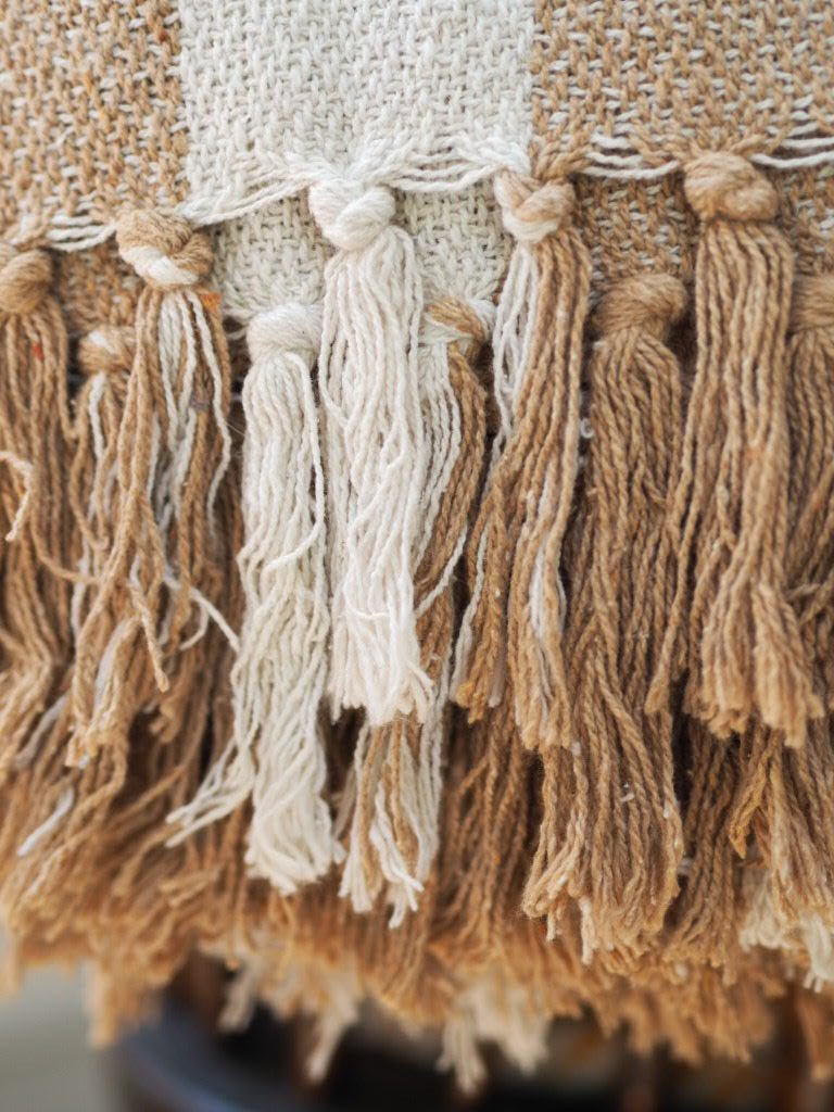 Striped woven sand and off white throw/ blanket with fringes - Natalia Willmott