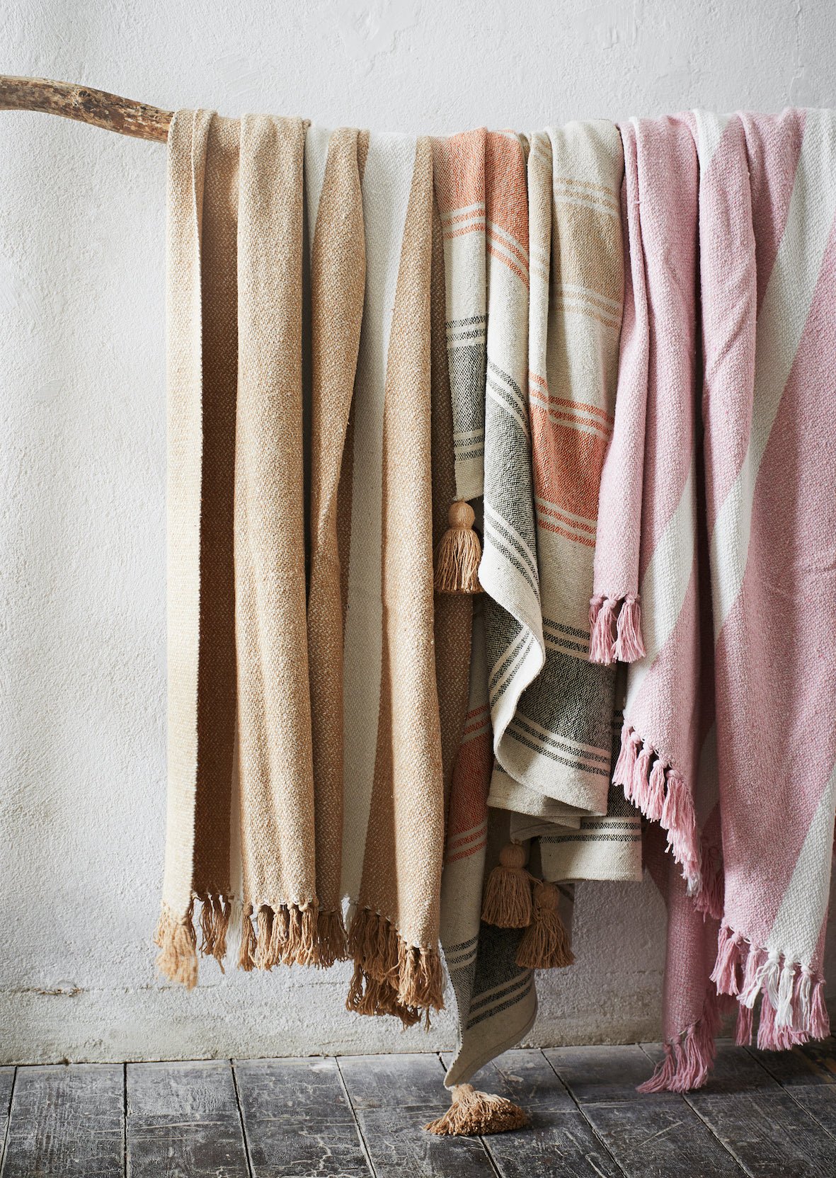 Striped woven sand and off white throw/ blanket with fringes - Natalia Willmott