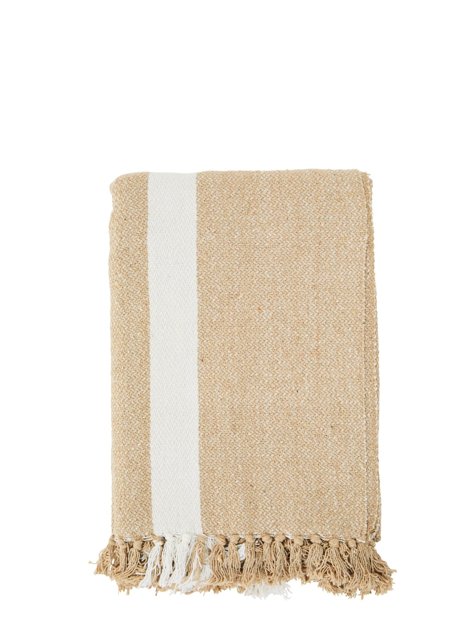 Striped woven sand and off white throw/ blanket with fringes - Natalia Willmott