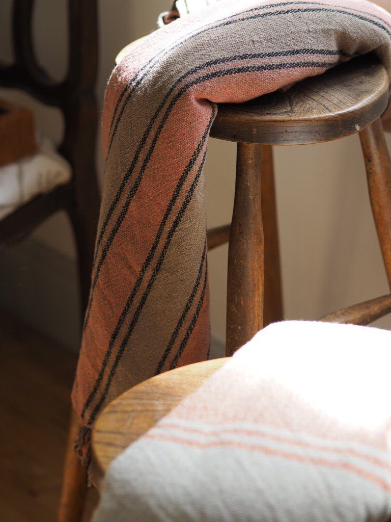Striped woven taupe and coral throw/ blanket with fringes - Natalia Willmott