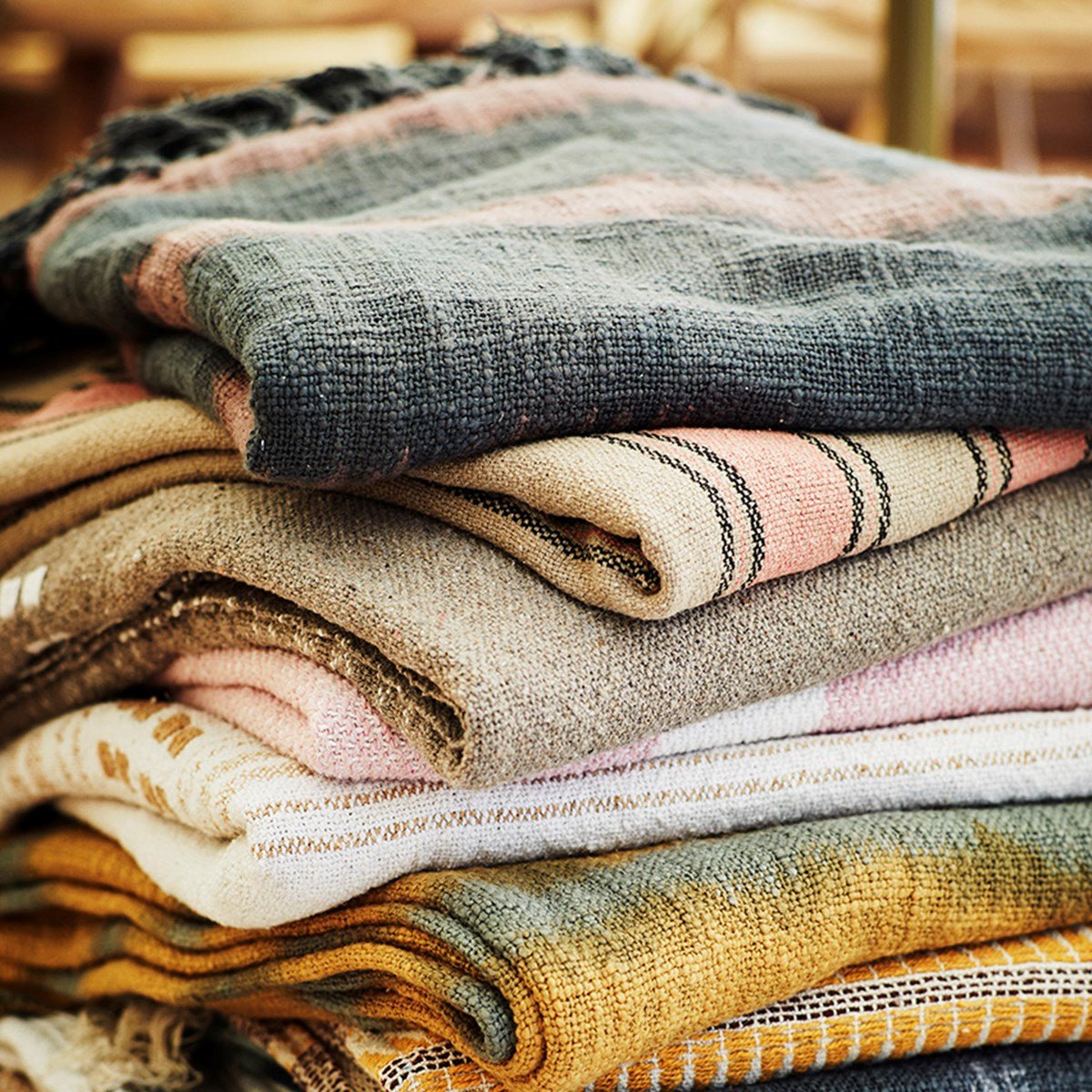 Striped woven taupe and coral throw/ blanket with fringes - Natalia Willmott