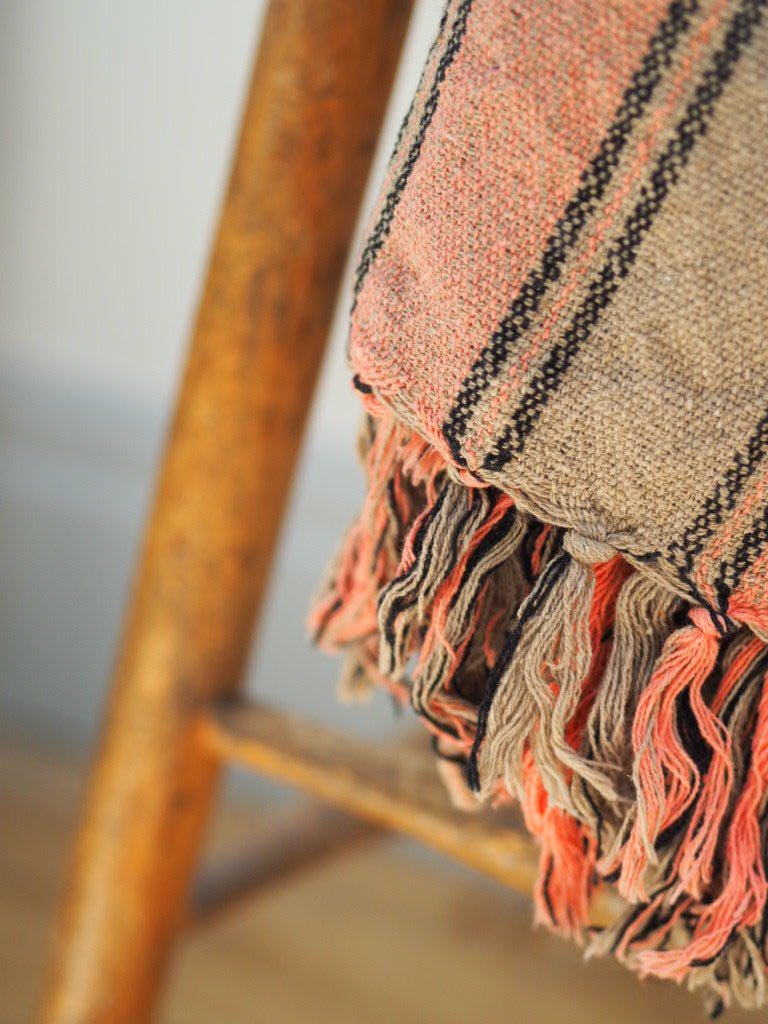 Striped woven taupe and coral throw/ blanket with fringes - Natalia Willmott