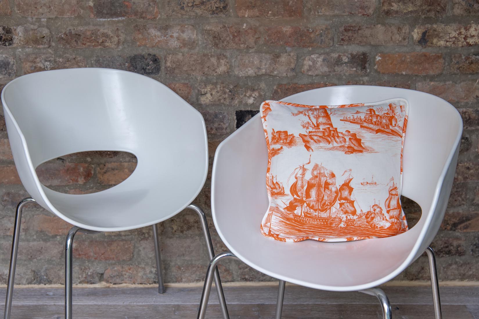 "Toile de Jouy"Rochefort by Laurent Steve orange cushion - Natalia Willmott