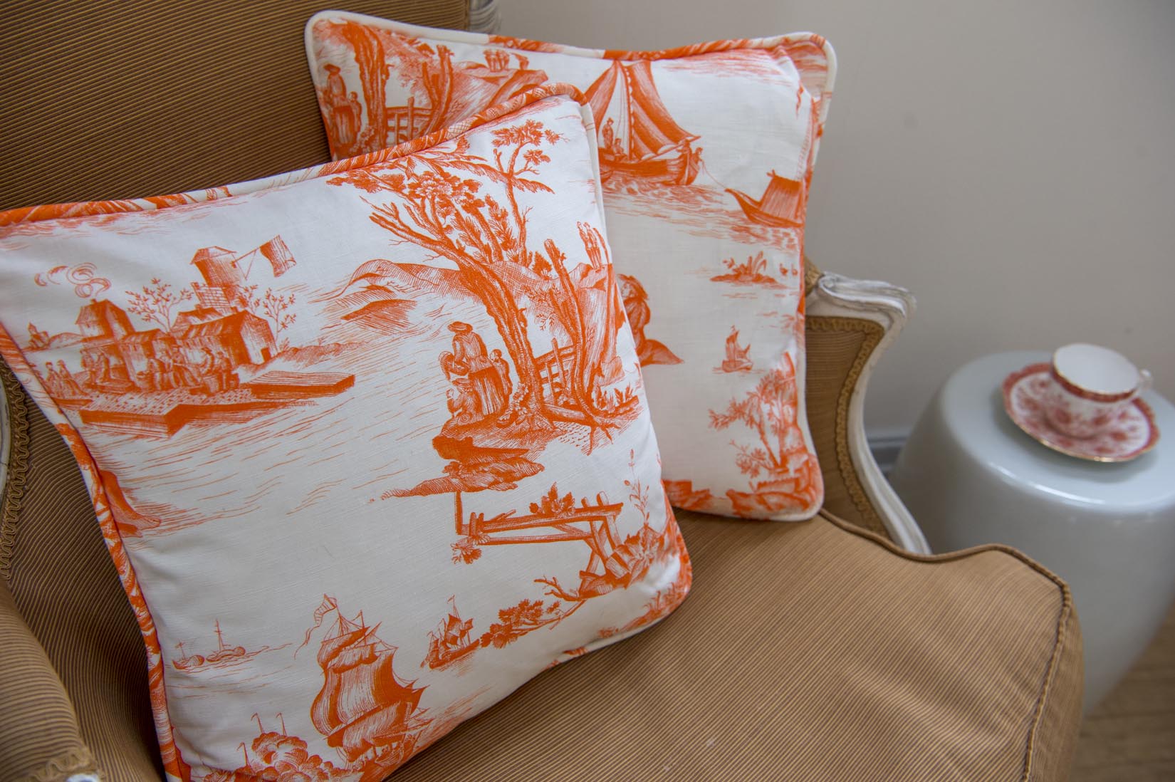 "Toile de Jouy"Rochefort by Laurent Steve orange cushion - Natalia Willmott