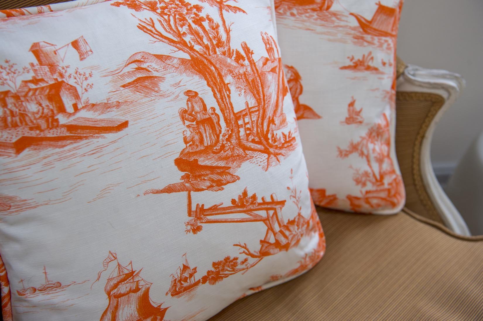 "Toile de Jouy"Rochefort by Laurent Steve orange cushion - Natalia Willmott