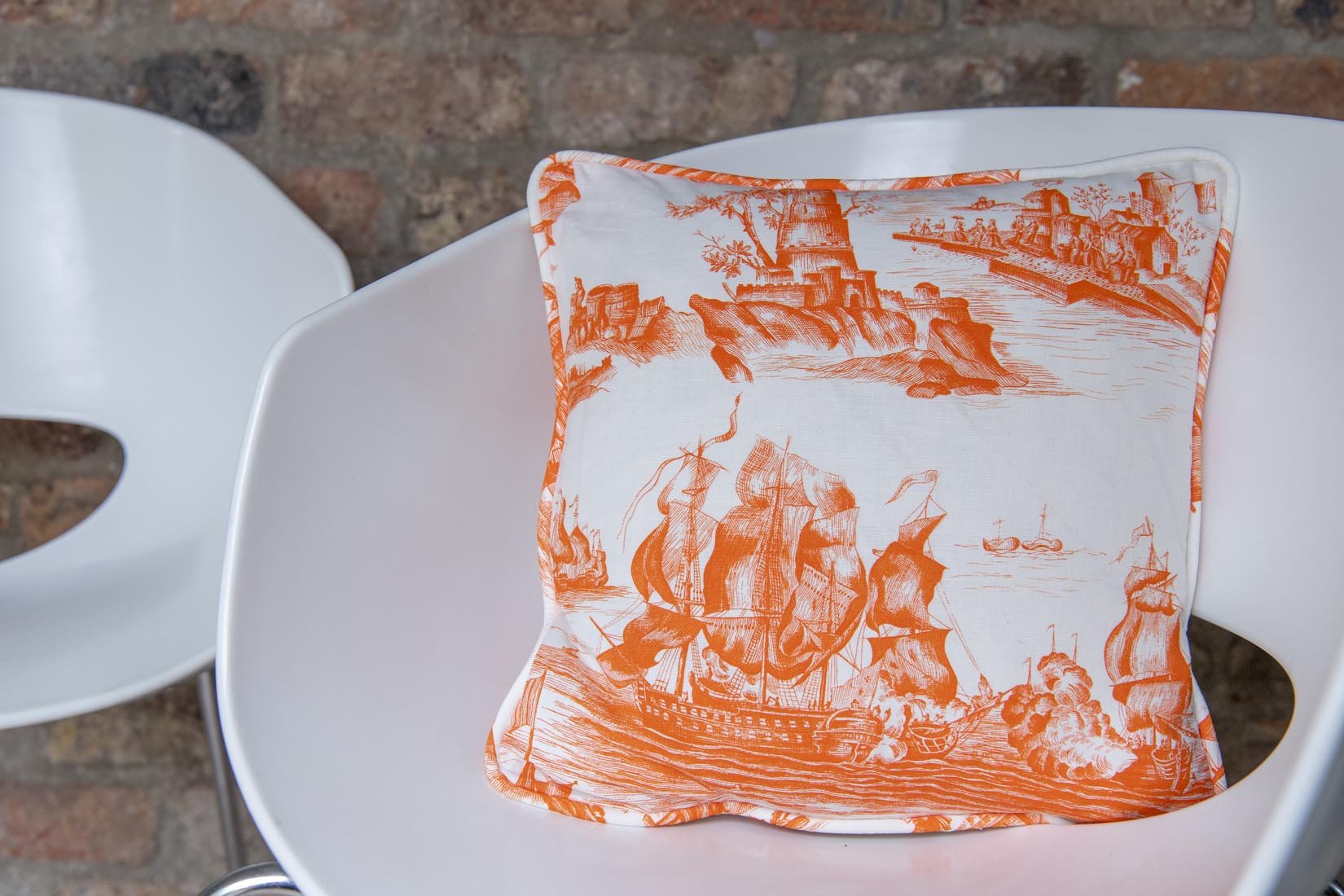 "Toile de Jouy"Rochefort by Laurent Steve orange cushion - Natalia Willmott