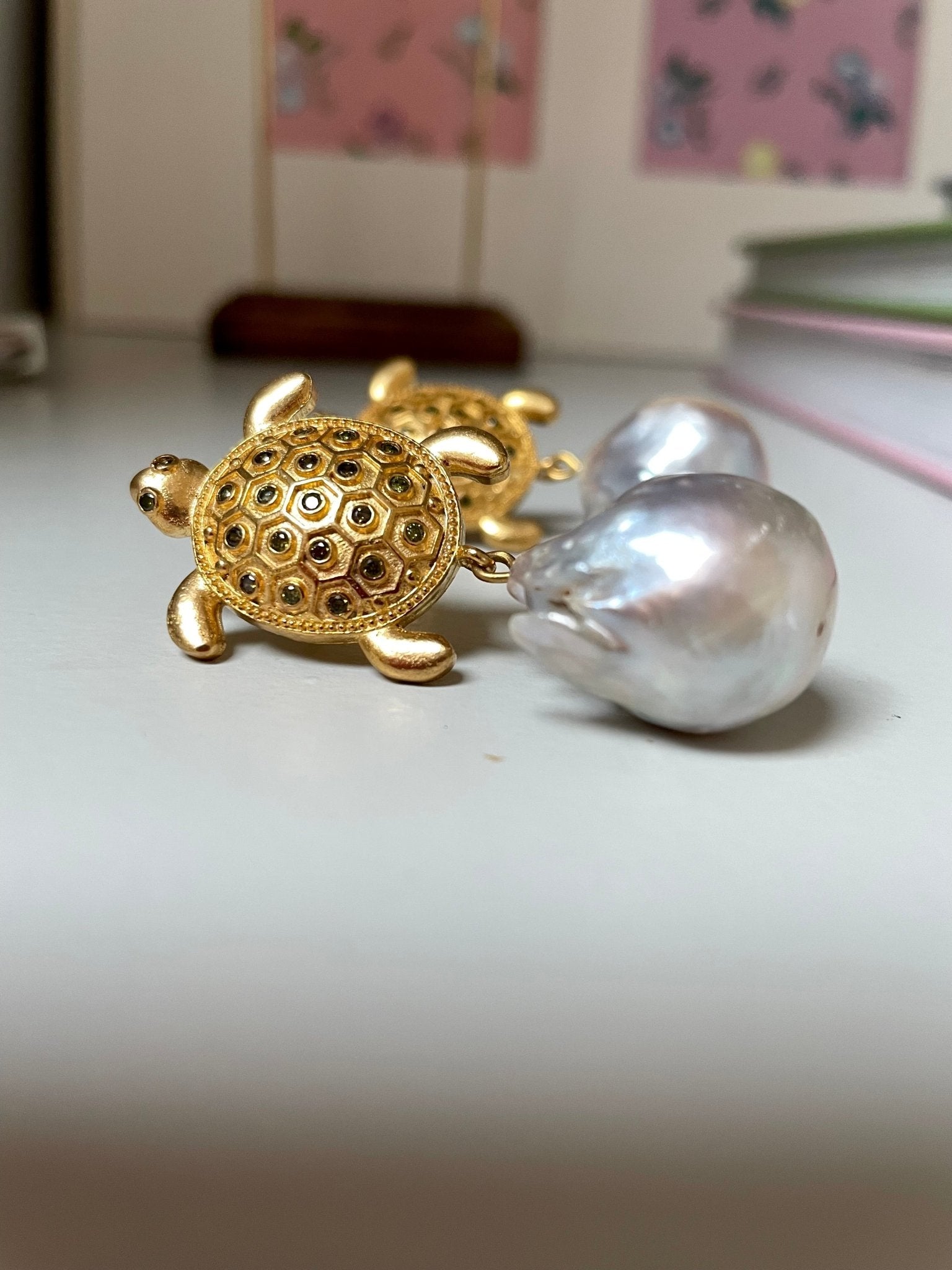 Turtle and baroque pearl pendant earrings - Natalia Willmott