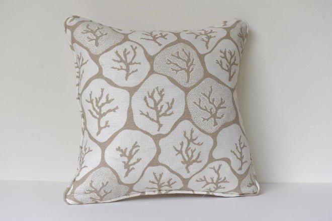 White linen cushions with coral design - Natalia Willmott