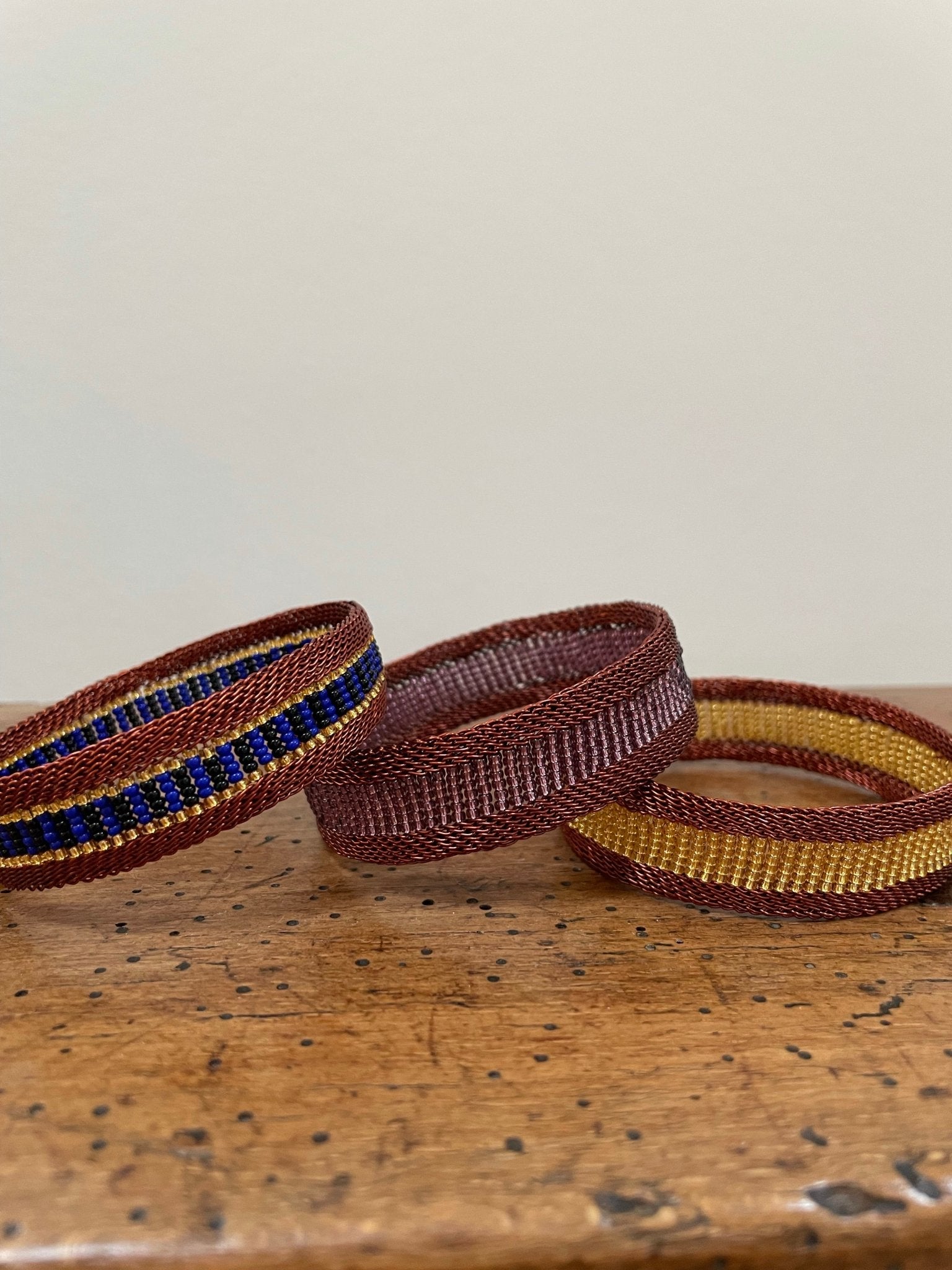 Woven copper and glass beads bracelet narrow - Natalia Willmott