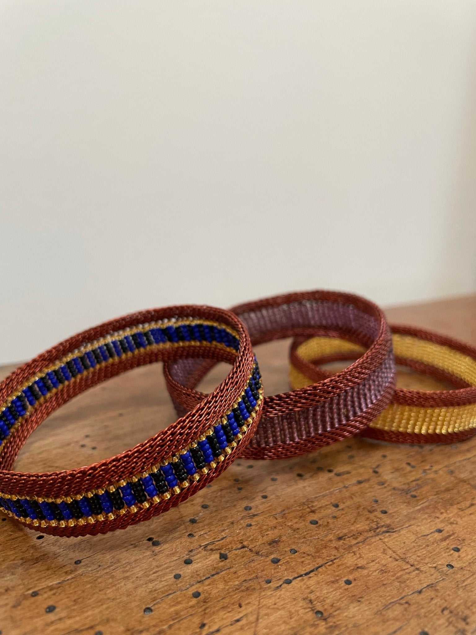 Woven copper and glass beads bracelet narrow - Natalia Willmott