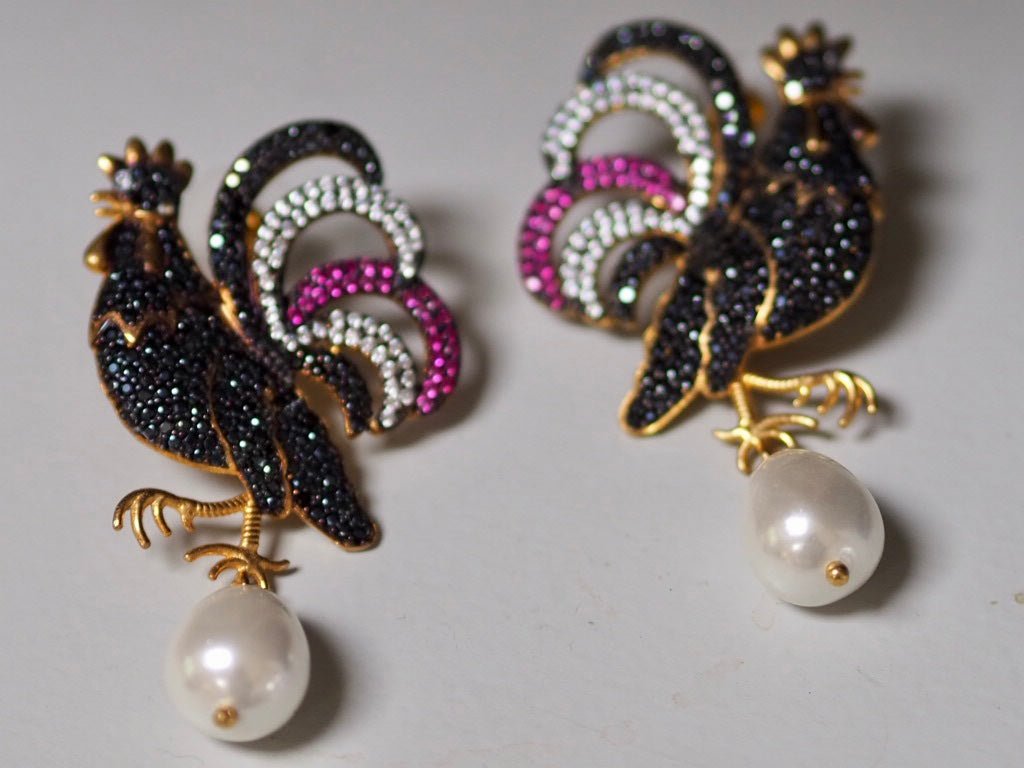 zircon cockerel earrings with Tahitian Pearl - Natalia Willmott