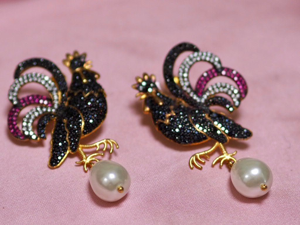 zircon cockerel earrings with Tahitian Pearl - Natalia Willmott