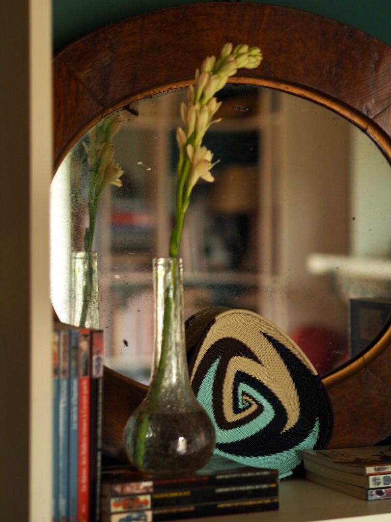 Zulu triangular basket plate - blues and browns - Natalia Willmott