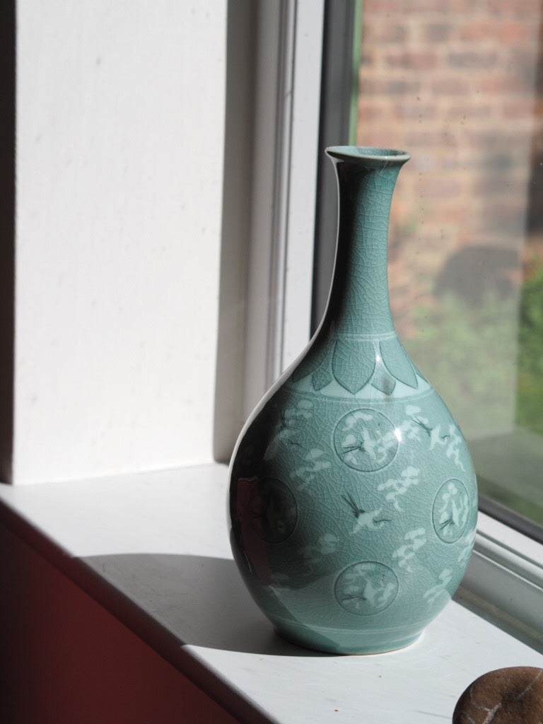 Pear-Shaped Celadon Vase with Thousand Cranes - Natalia Willmott