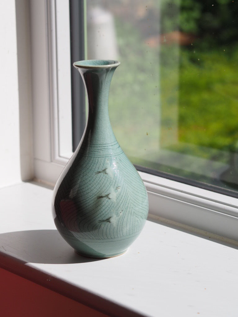 Pear-Shaped Celadon Vase with three Flying cranes - Natalia Willmott