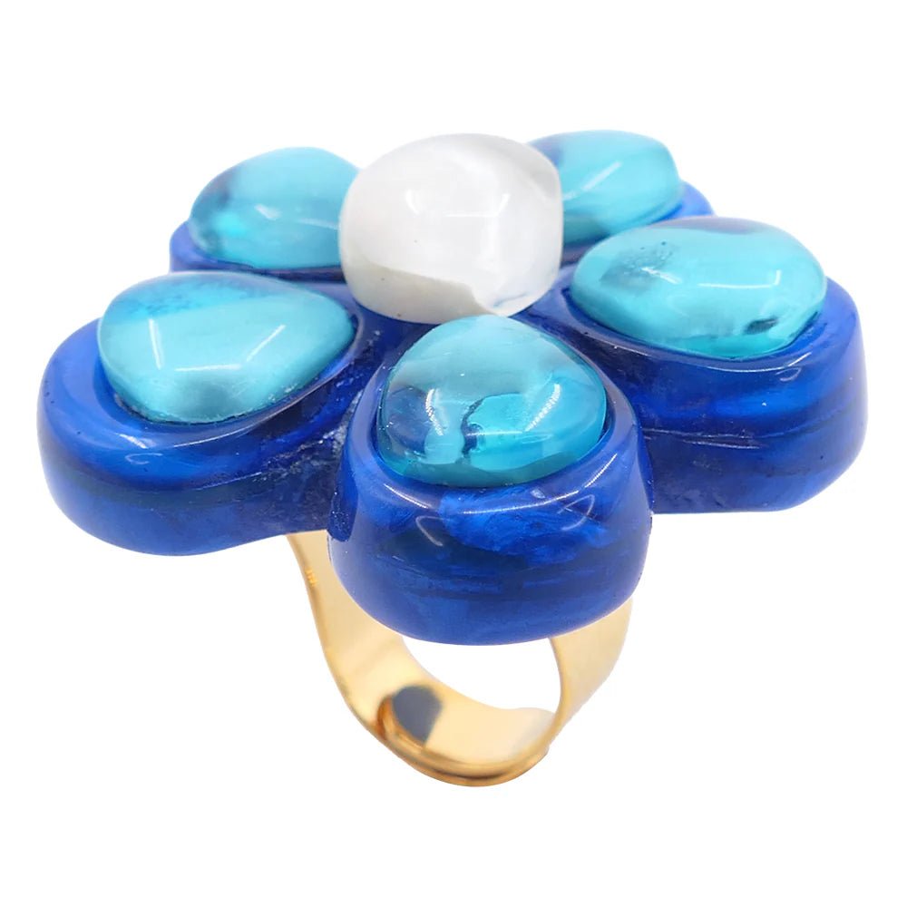 Adjustable flower ring “Antoine " turquoise and denim - Natalia Willmott