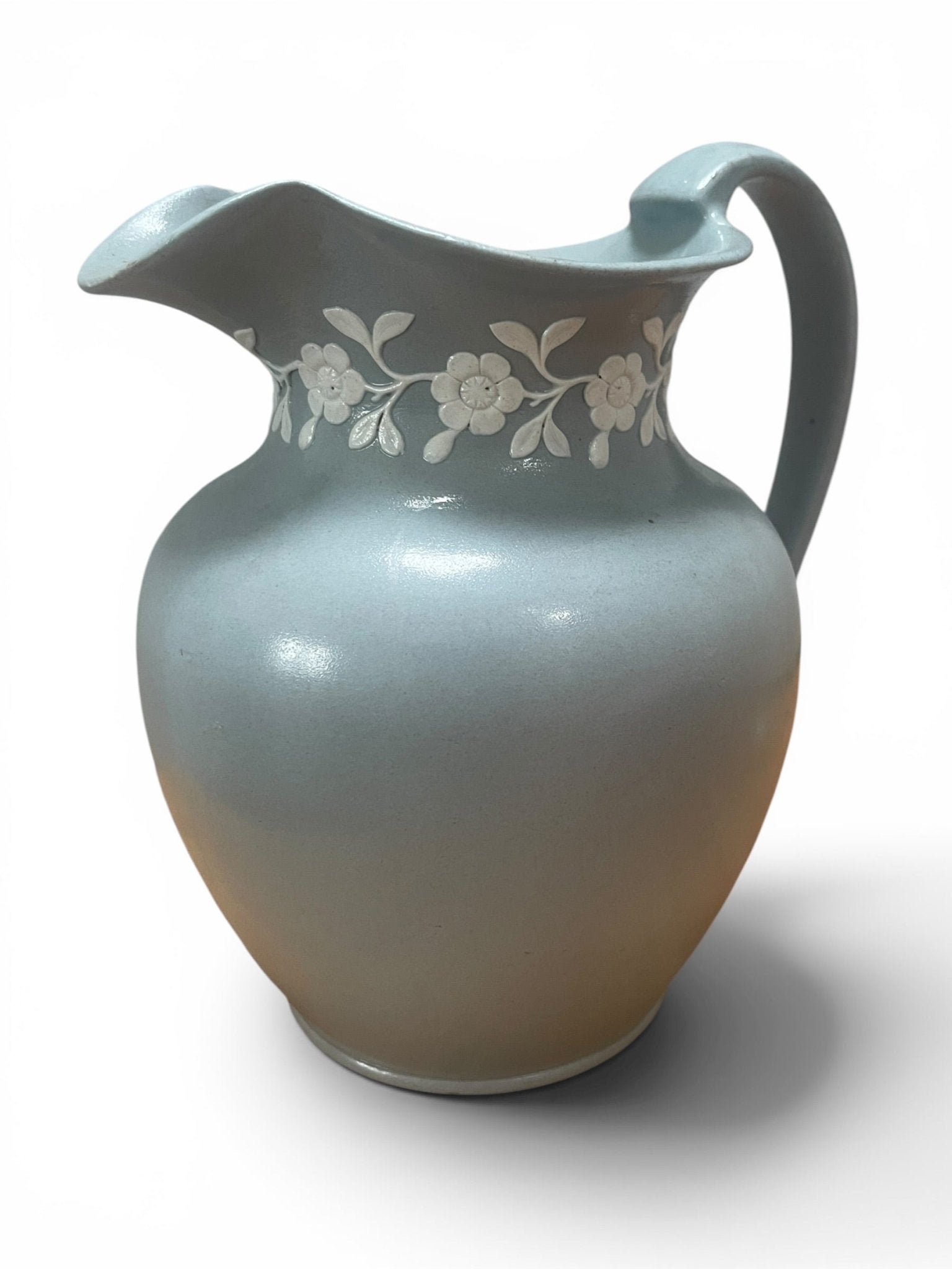 Antique Spode Jasperware Jug – Pale Blue with White Floral Relief - Natalia Willmott