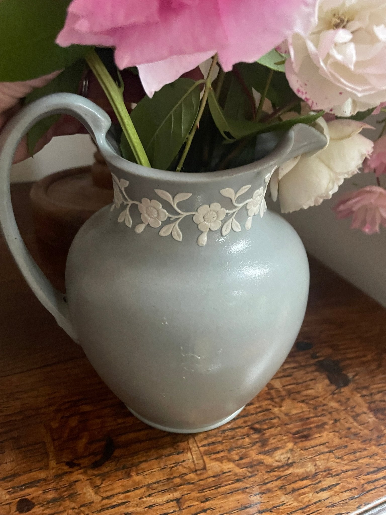 Antique Spode Jasperware Jug – Pale Blue with White Floral Relief - Natalia Willmott