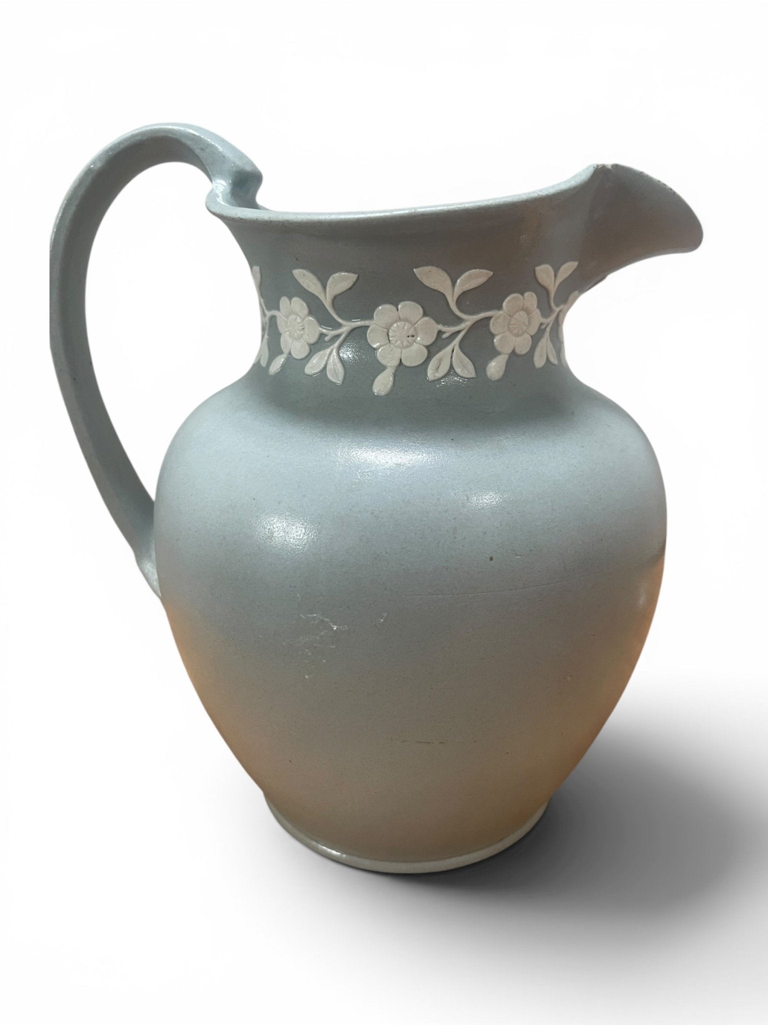 Antique Spode Jasperware Jug – Pale Blue with White Floral Relief - Natalia Willmott