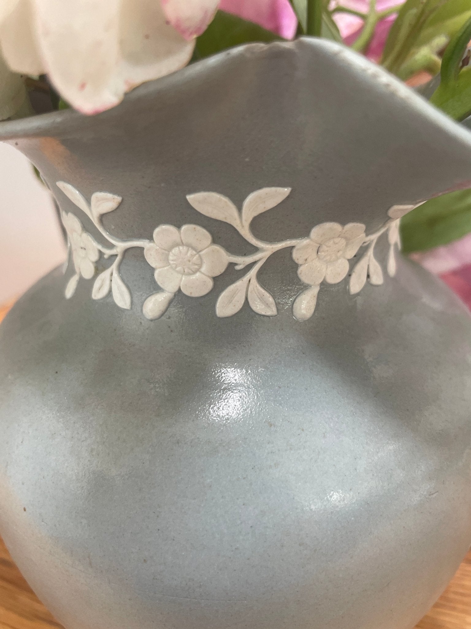 Antique Spode Jasperware Jug – Pale Blue with White Floral Relief - Natalia Willmott