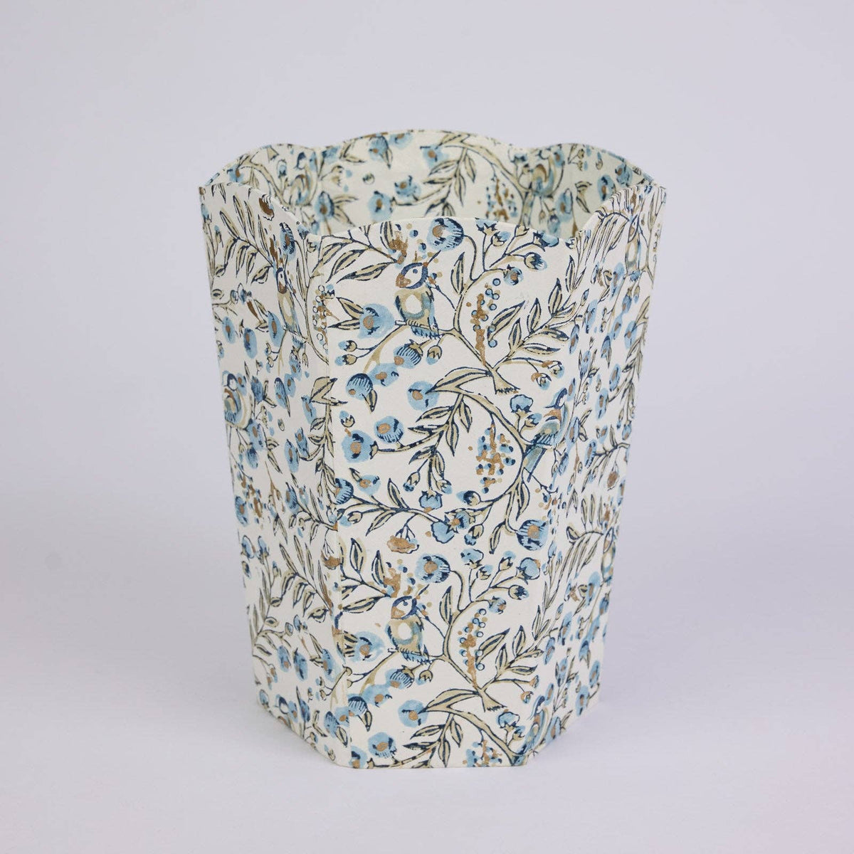 Block Printed Waste Paper Basket - Songbird Blue Stone - Natalia Willmott