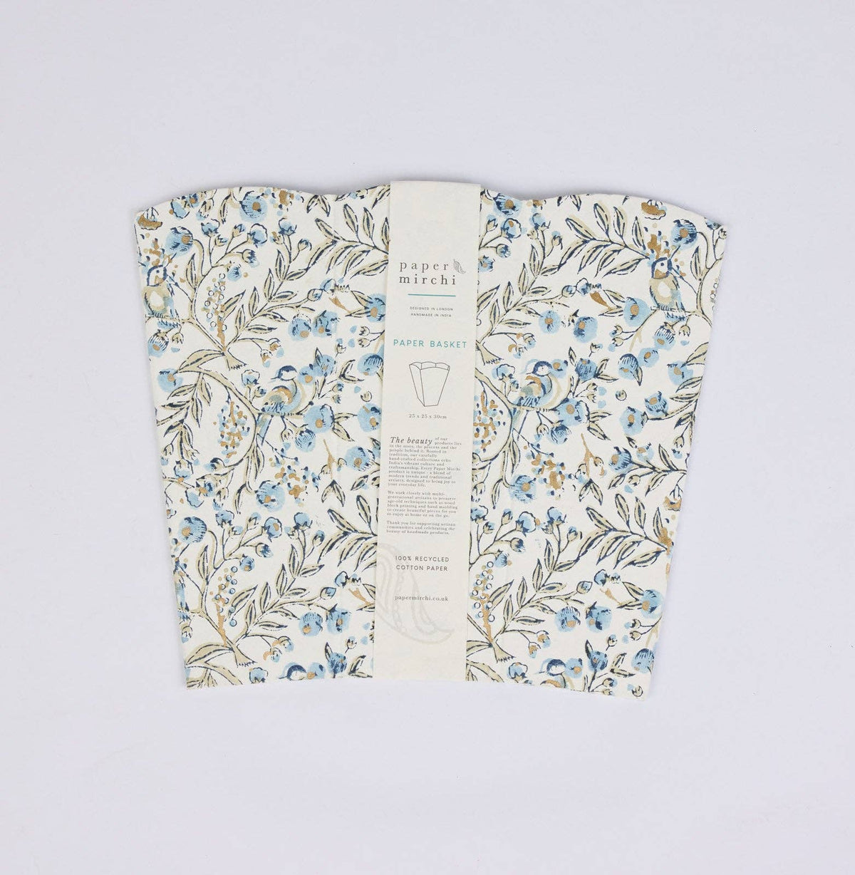 Block Printed Waste Paper Basket - Songbird Blue Stone - Natalia Willmott