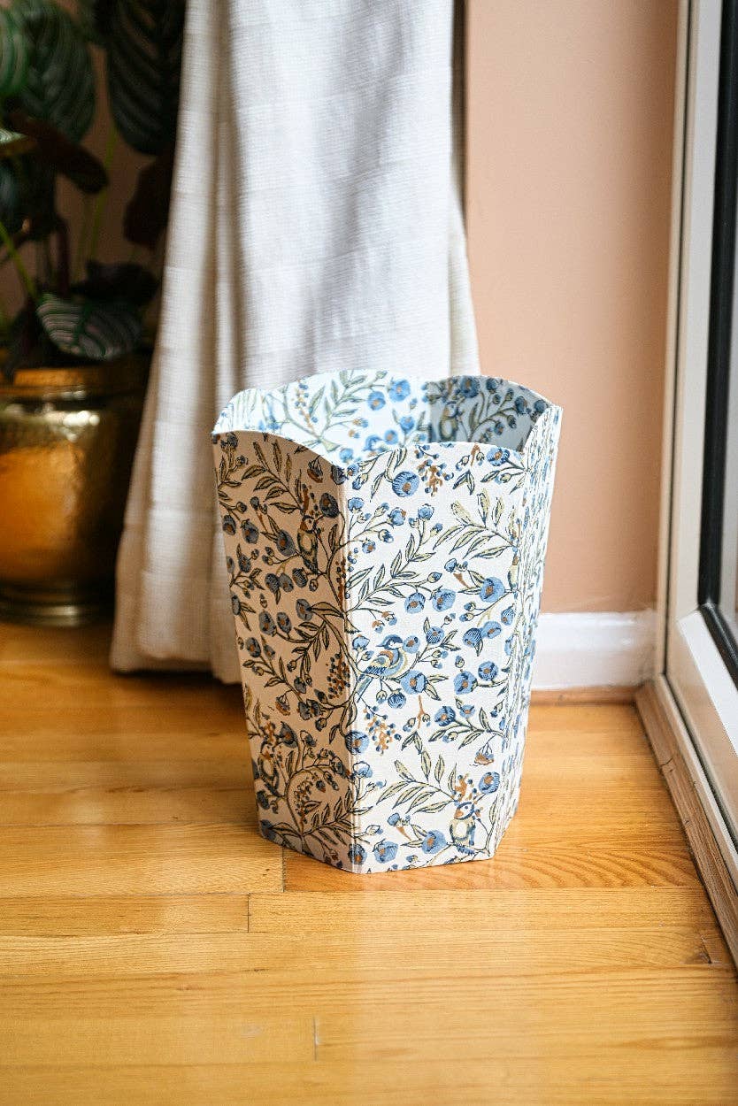 Block Printed Waste Paper Basket - Songbird Blue Stone - Natalia Willmott