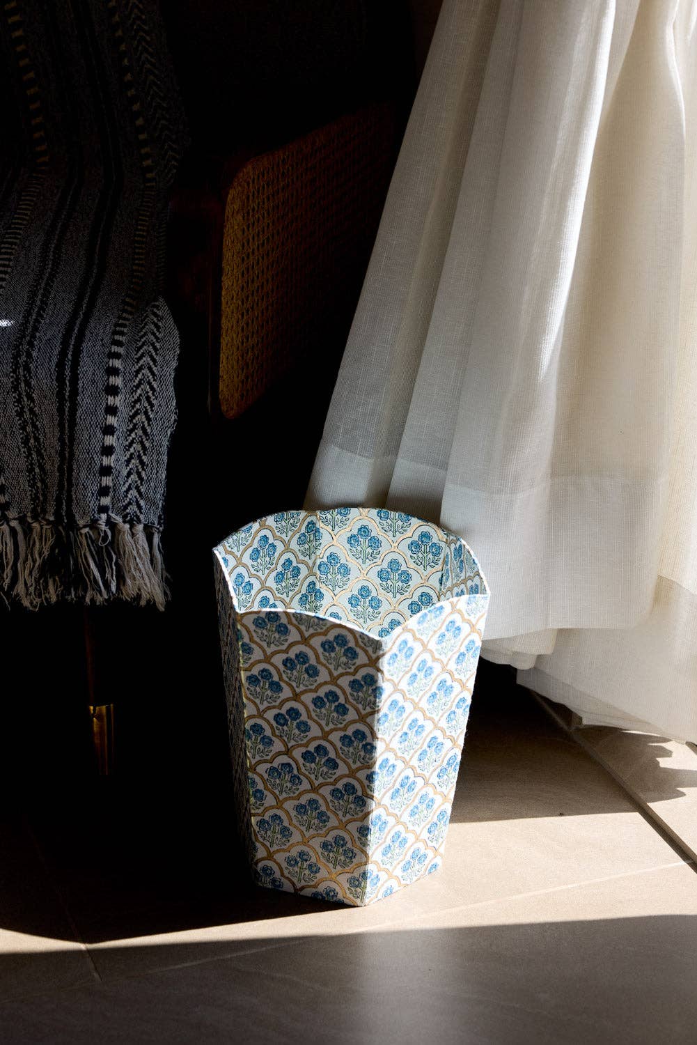 Block Printed Waste Paper Basket - Trellis Indigo - Natalia Willmott