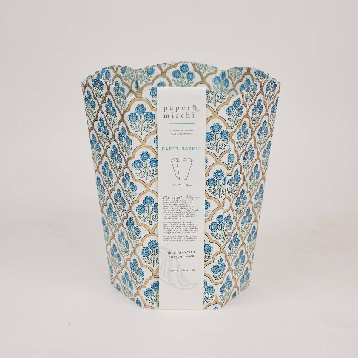 Block Printed Waste Paper Basket - Trellis Indigo - Natalia Willmott
