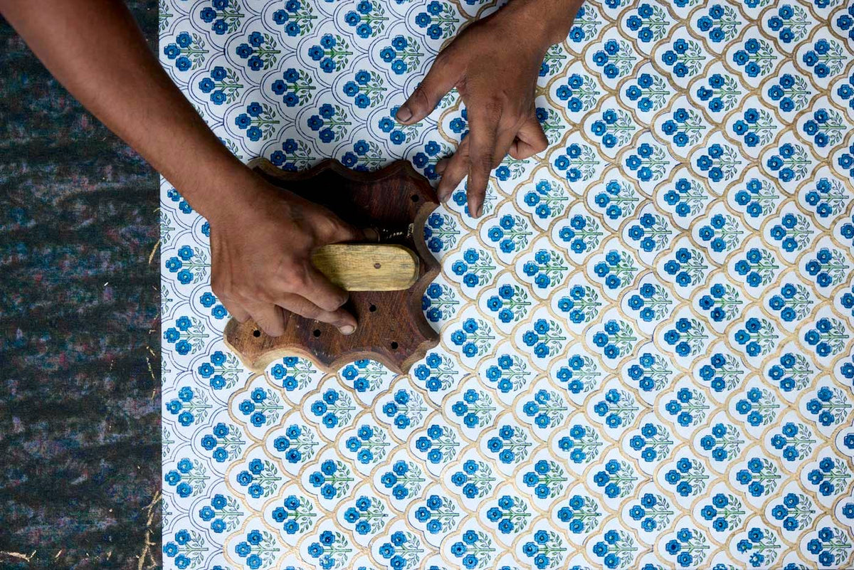 Block Printed Waste Paper Basket - Trellis Indigo - Natalia Willmott