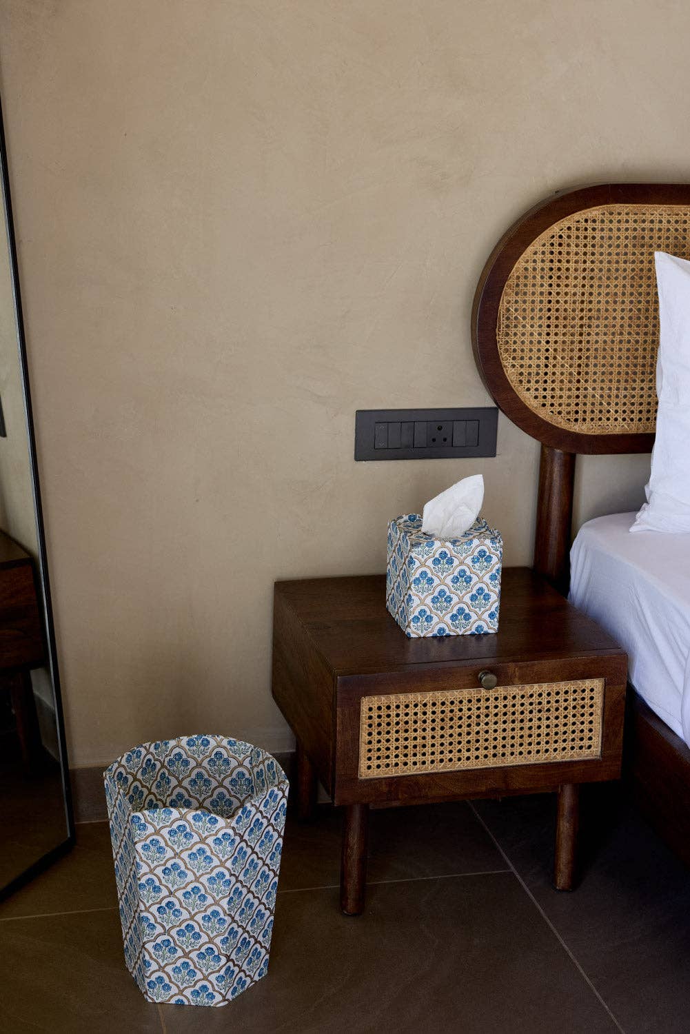 Block Printed Waste Paper Basket - Trellis Indigo - Natalia Willmott