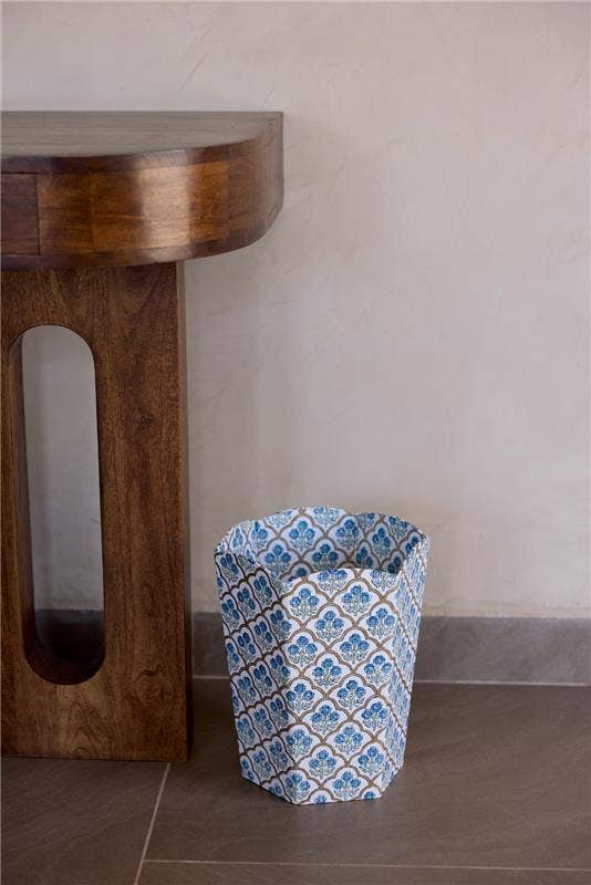Block Printed Waste Paper Basket - Trellis Indigo - Natalia Willmott