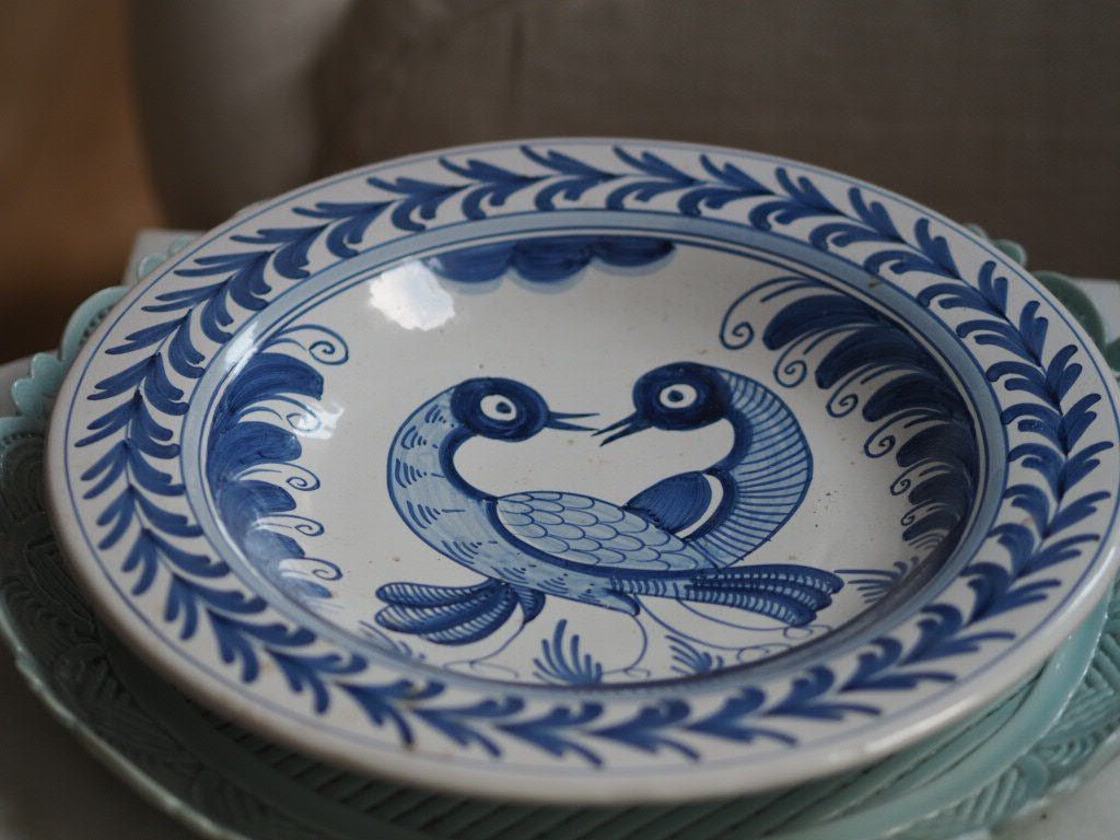 Blue and white love birds large plate - Natalia Willmott