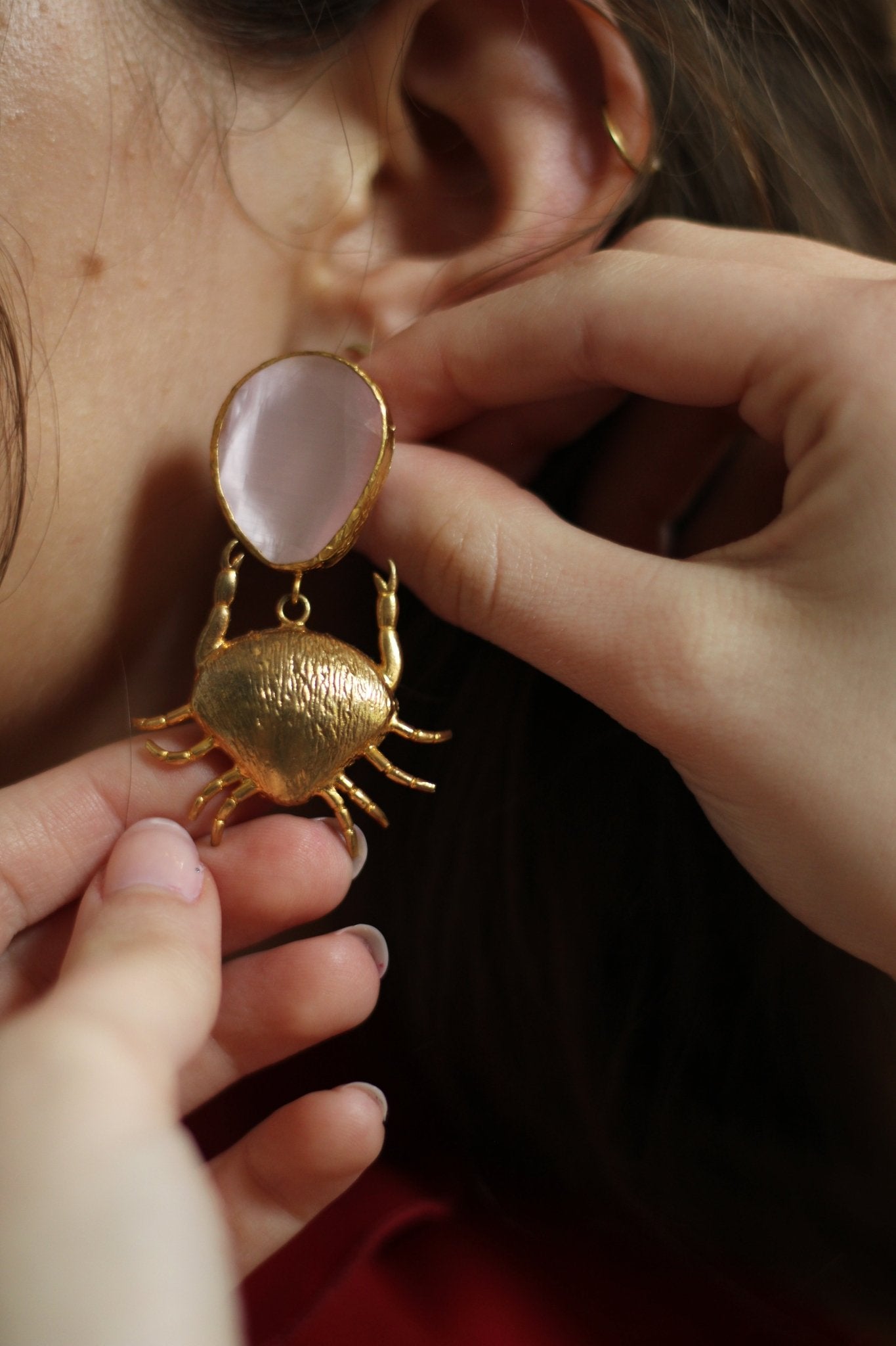 Bronze rose quartz with pendant crab earrings - Natalia Willmott