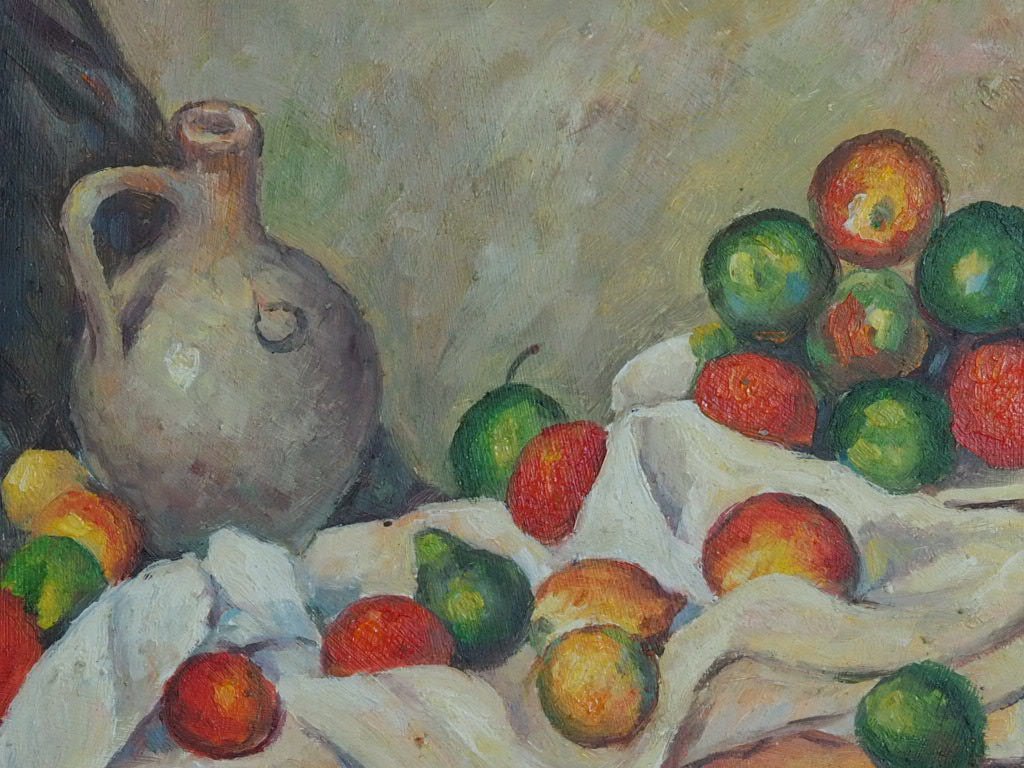 Curtain, Jug and Fruit Bowl oil painting after Cezanne - Natalia Willmott