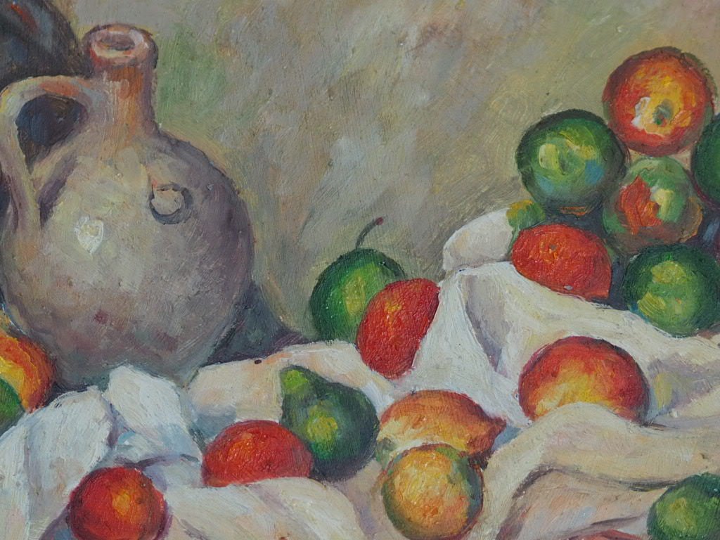 Curtain, Jug and Fruit Bowl oil painting after Cezanne - Natalia Willmott