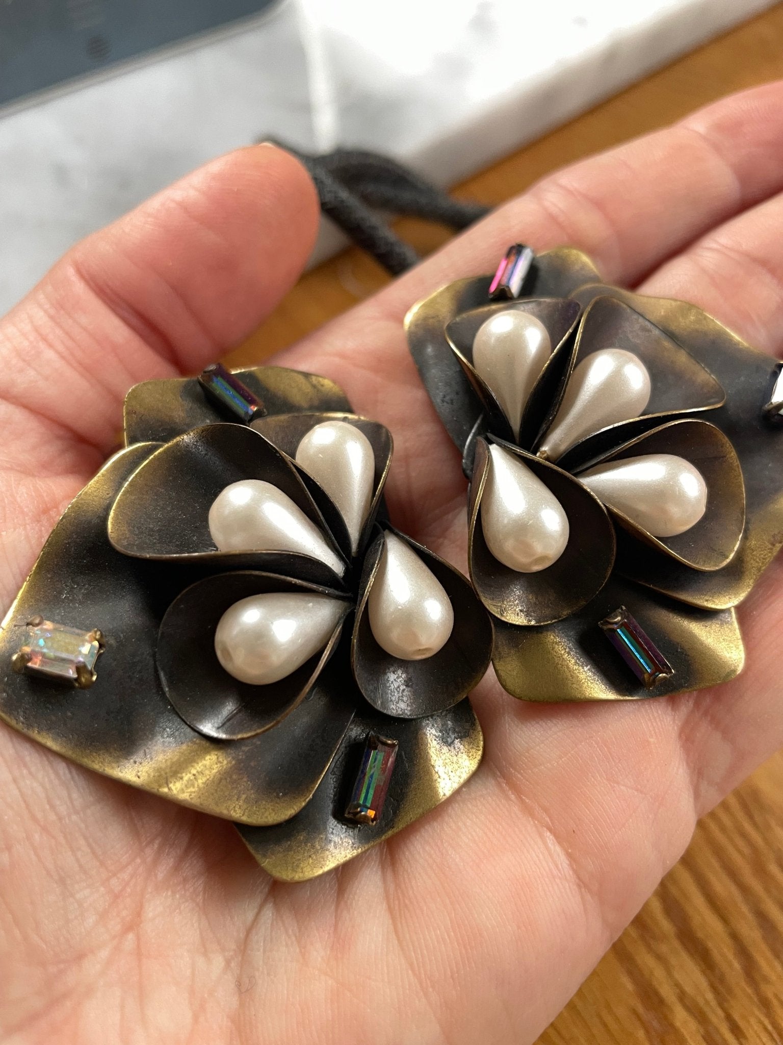 David Grau Bronze - Tone Faux Pearl & Rhinestone Clip - On Earrings with Matching Brooch - Natalia Willmott