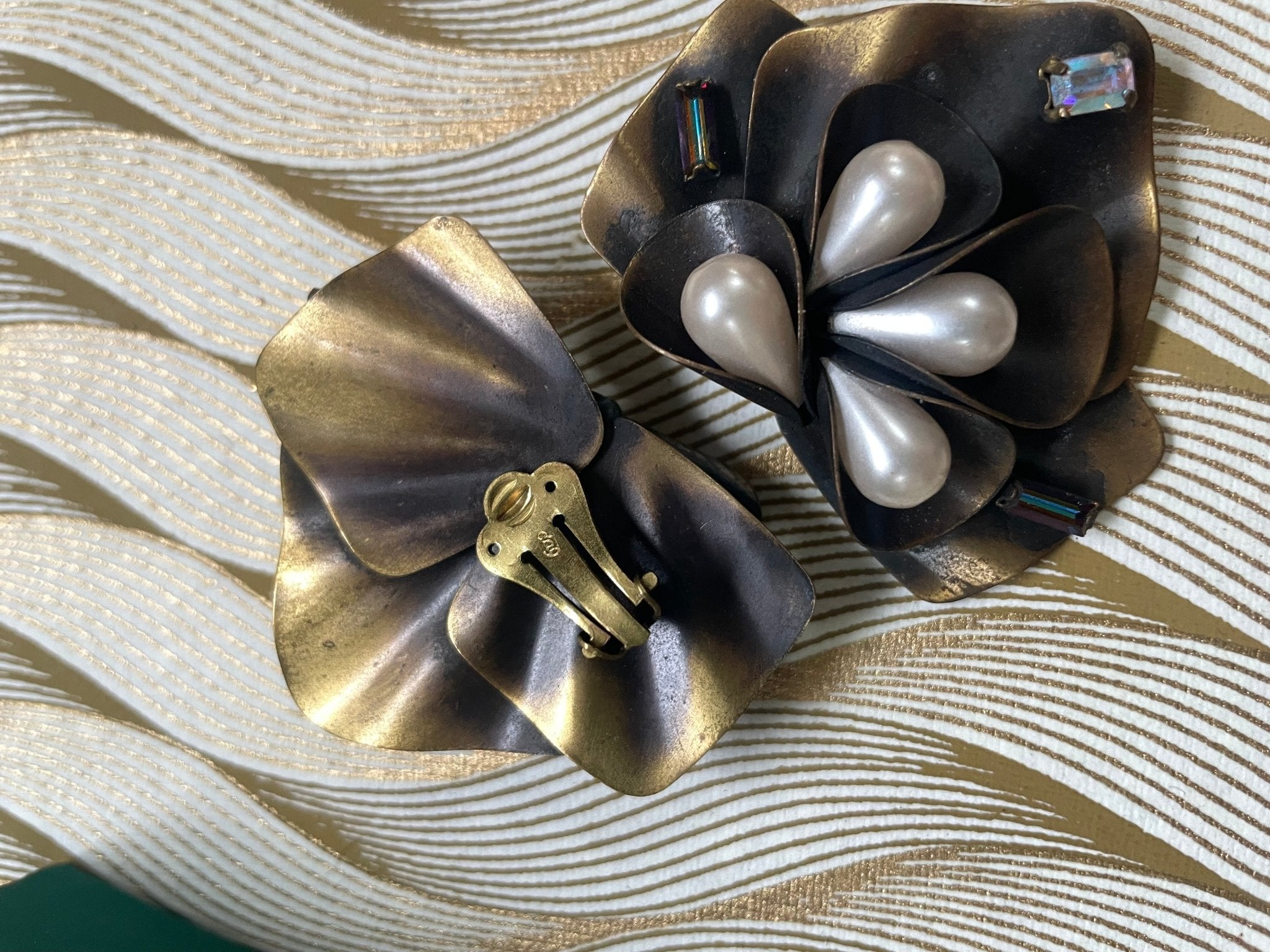 David Grau Bronze - Tone Faux Pearl & Rhinestone Clip - On Earrings with Matching Brooch - Natalia Willmott