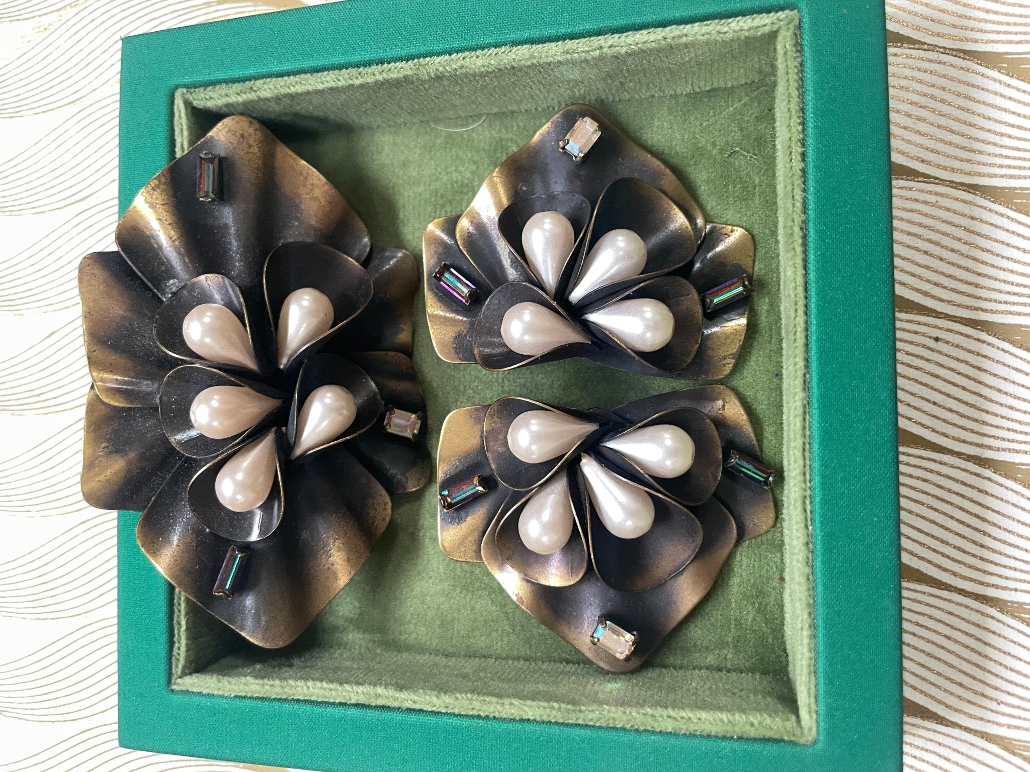 David Grau Bronze - Tone Faux Pearl & Rhinestone Clip - On Earrings with Matching Brooch - Natalia Willmott