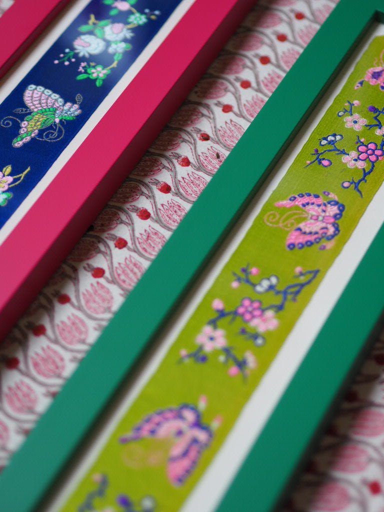 Framed Antique French Silk Ribbon Flowers Butterflies Jacquard Textile Archive - Natalia Willmott