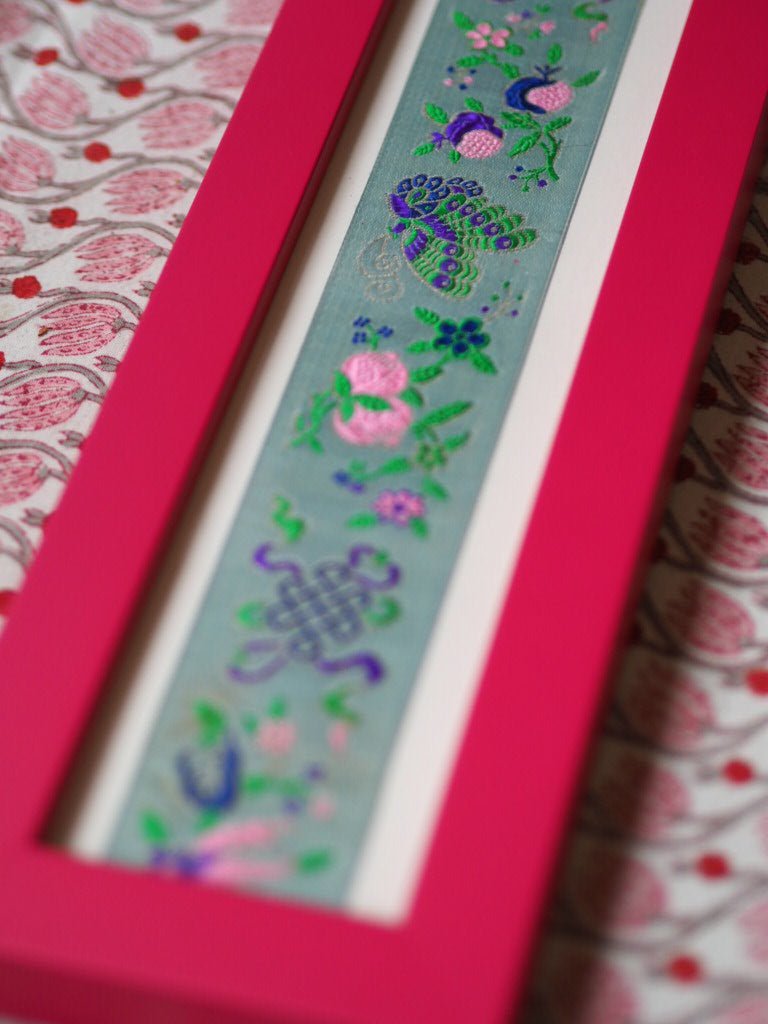 Framed Antique French Silk Ribbon Flowers Butterflies Jacquard Textile Archive - Natalia Willmott