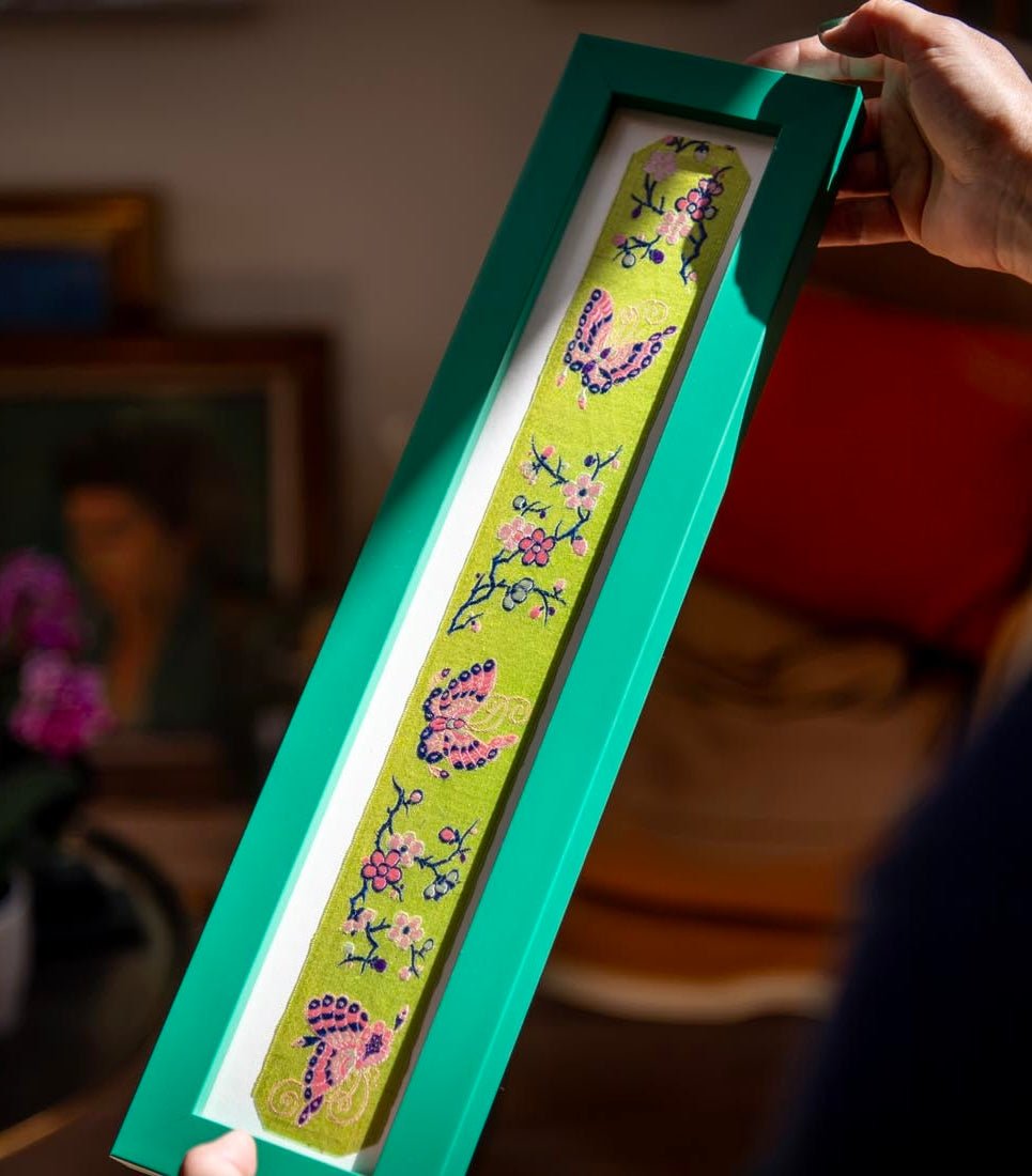 Framed Antique French Silk Ribbon Flowers Butterflies Jacquard Textile Archive - Natalia Willmott